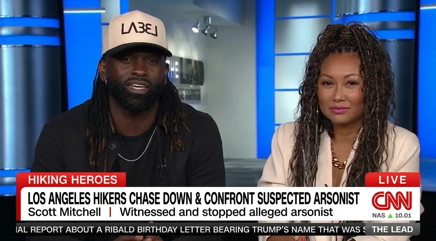 CNN segment showing Scott Mitchell and Davanh DiMarco featured on The Lead with Jake Tapper for the Runyon Canyon incident.