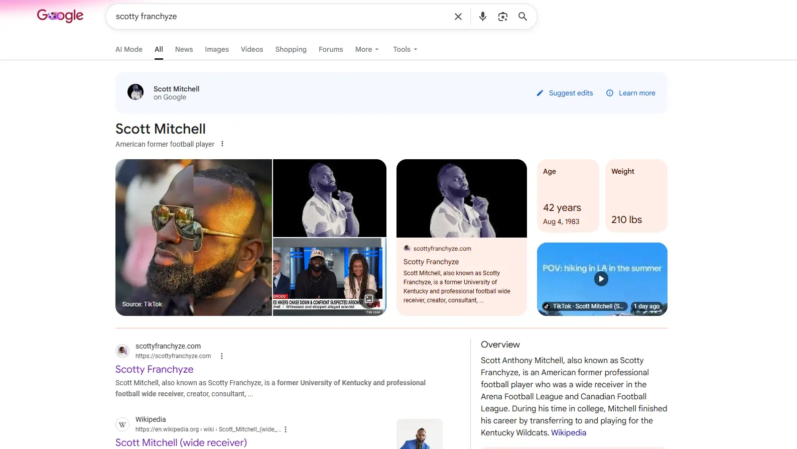 Google Knowledge Panel for Scott Mitchell showing recognized public figure search result