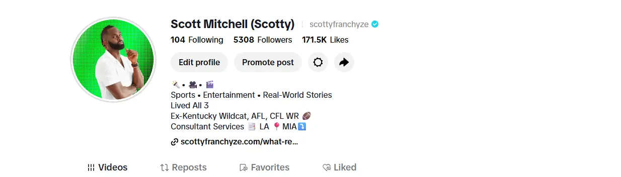 Verified TikTok profile of Scott Mitchell Scotty Franchyze showing official blue check verification badge